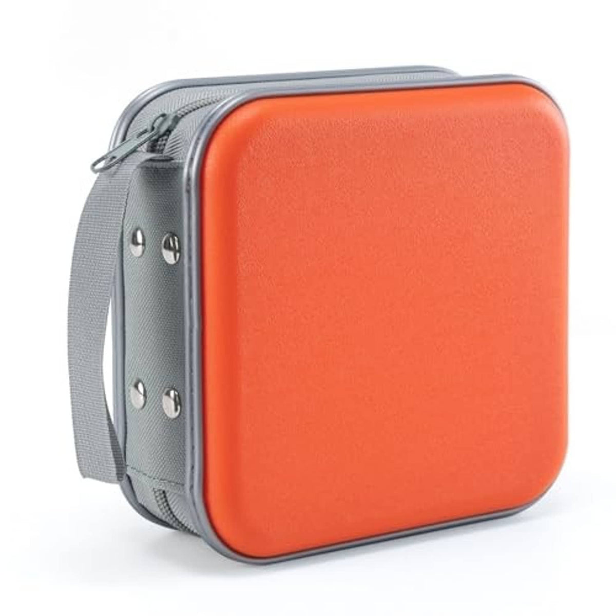 Orange square hard case for DVDs or CDs with grey fabric strap and metal grommets.