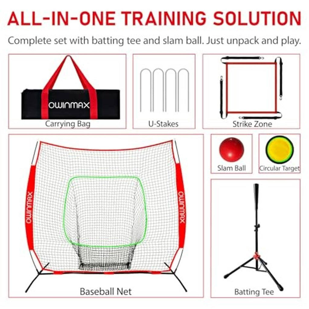 Baseball training net set with target square, batting tee, slam ball, and U-stakes