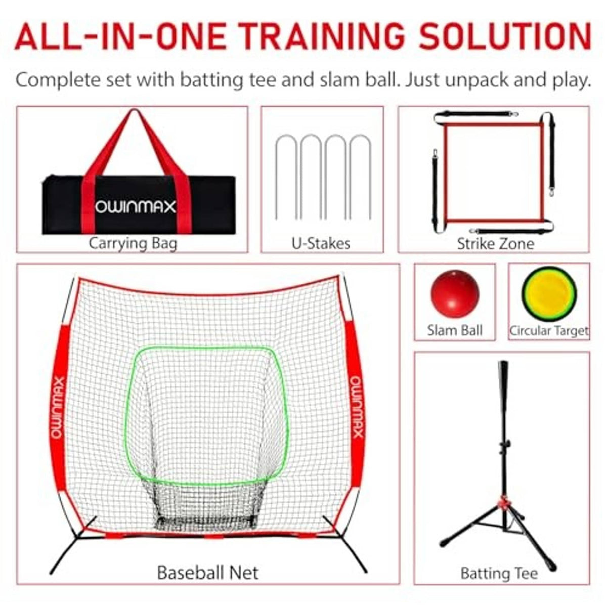 Baseball training net set with target square, batting tee, slam ball, and U-stakes