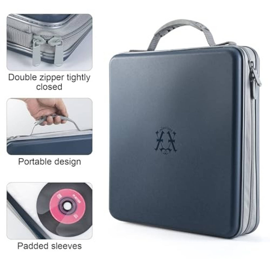 Dark blue hard CD/DVD case with double zipper, handle, and padded sleeves detail.