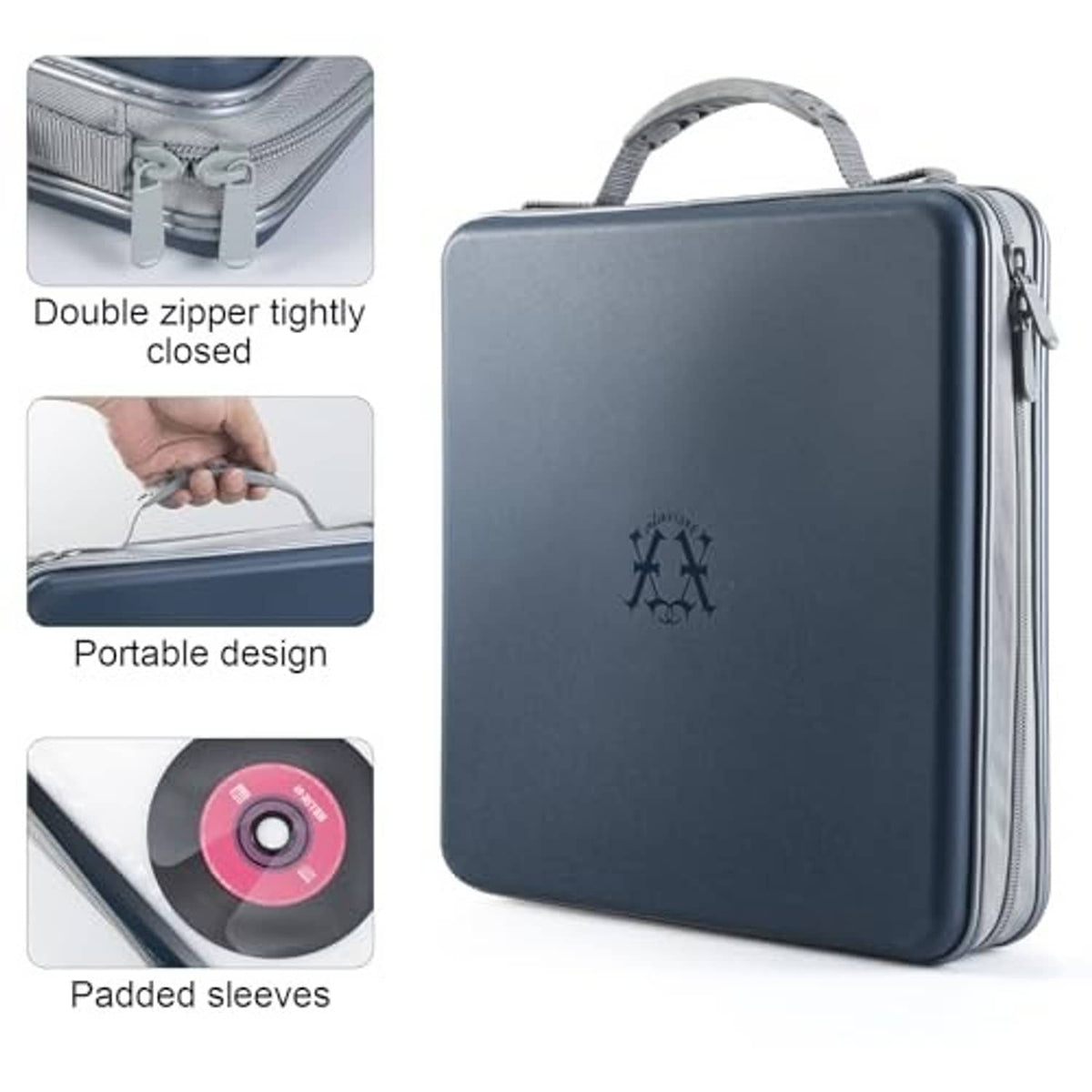 Dark blue hard CD/DVD case with double zipper, handle, and padded sleeves detail.