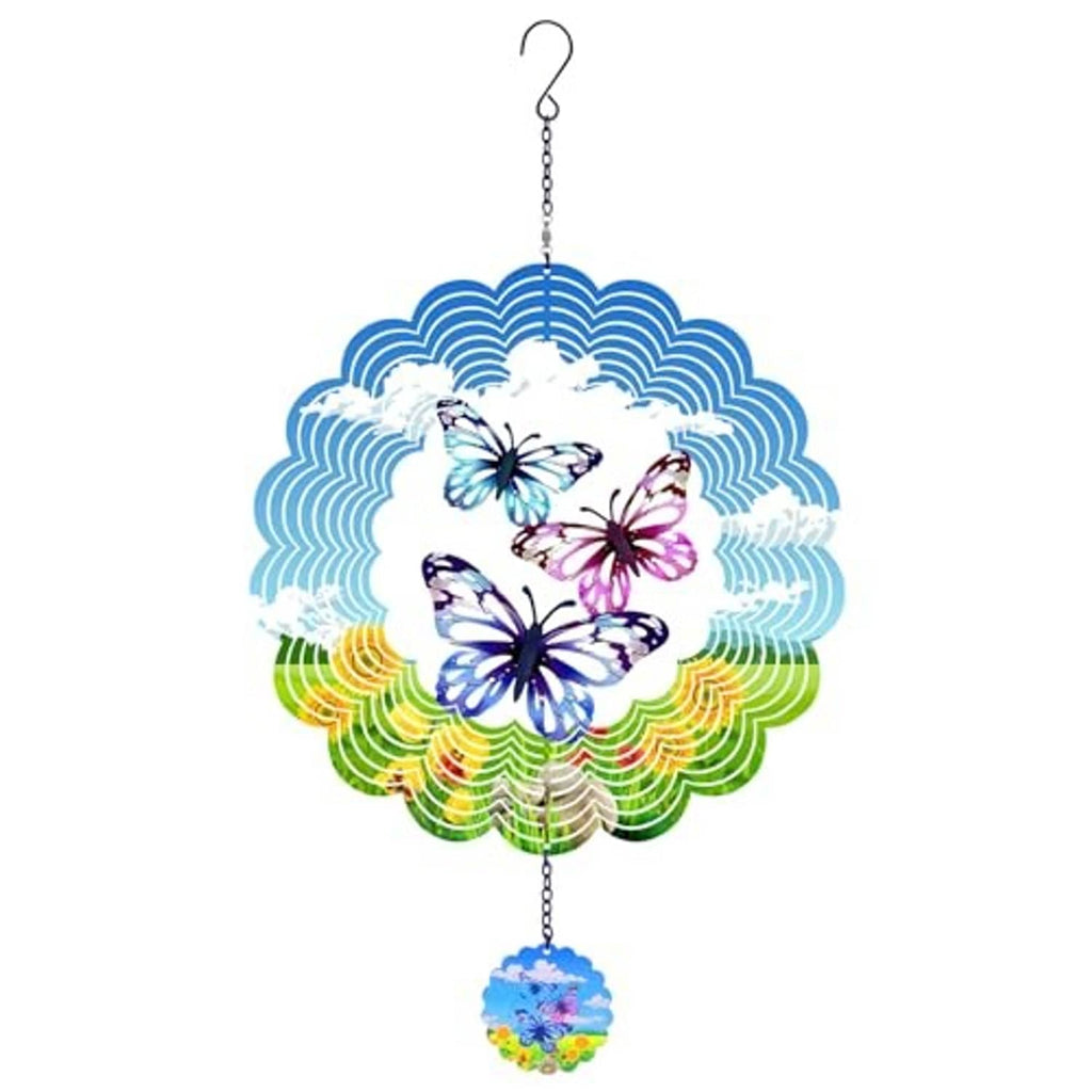 Hanging butterfly wind spinner with blue ring, multicolor butterflies, and small flower charm