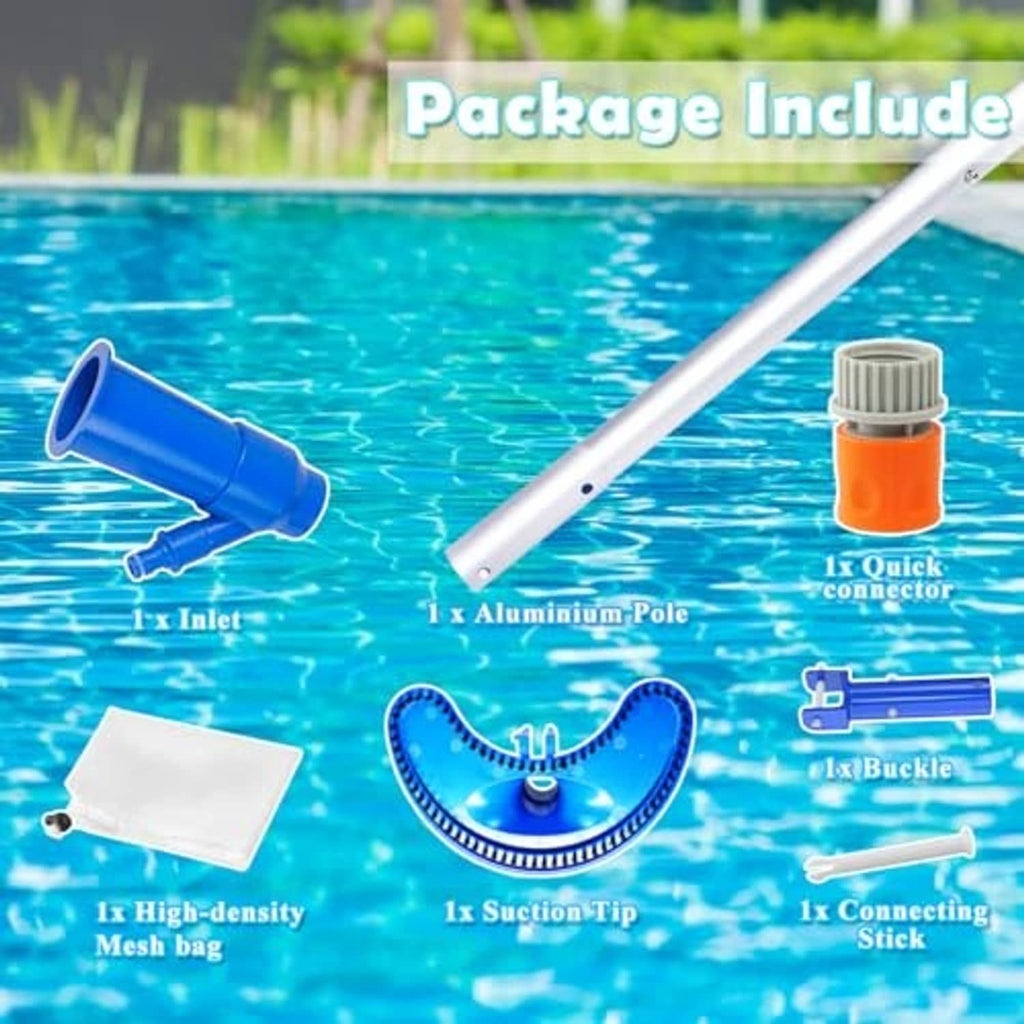 Pool vacuum cleaner kit with blue suction tip, mesh bag, connector, and aluminum pole