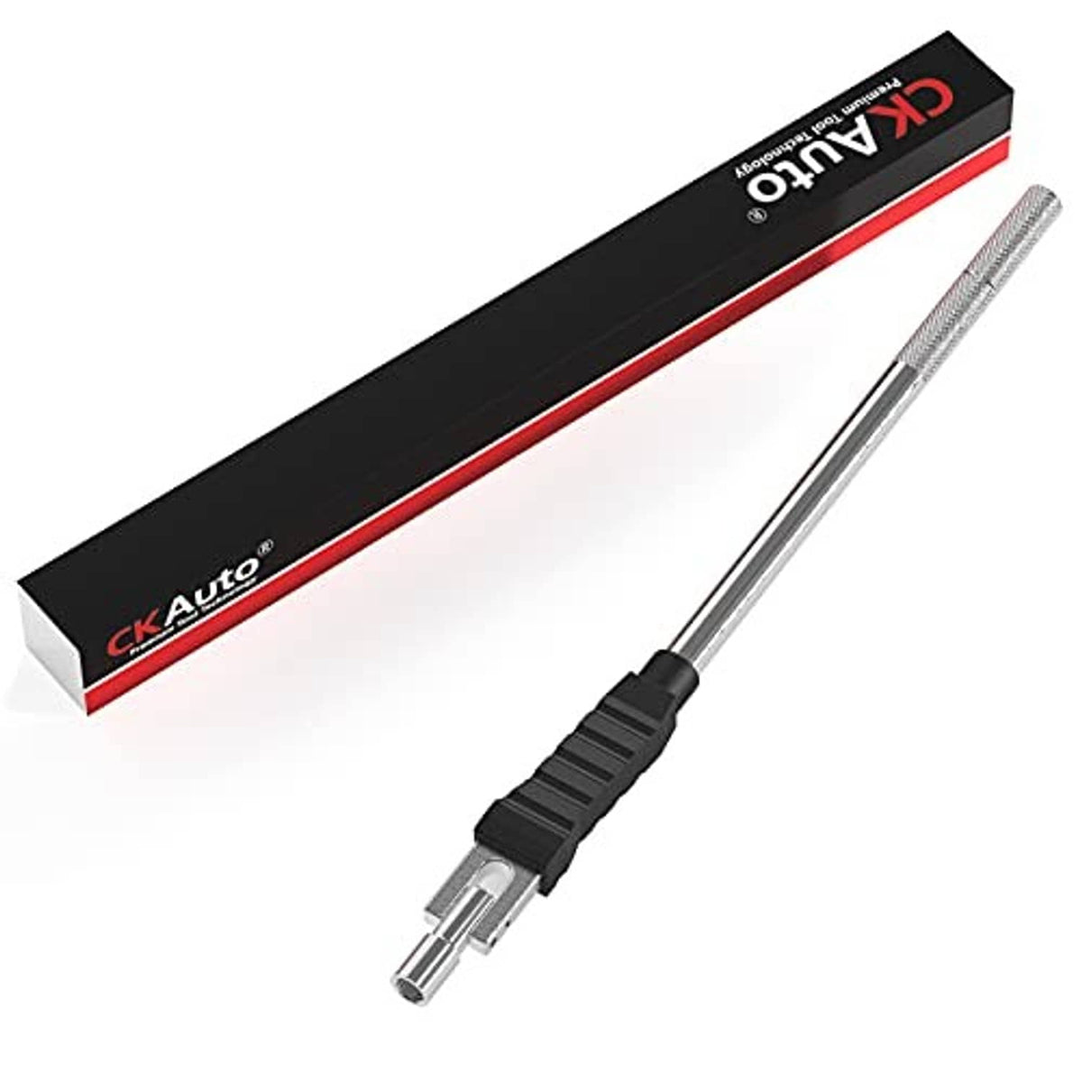 Valve stem puller/installer tool with ridged black handle and metal shaft.