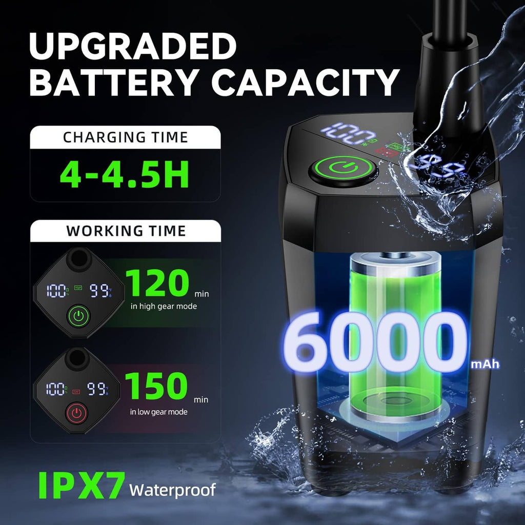 Portable shower heater pump with LED display, blue water spray, and waterproof IPX7 design