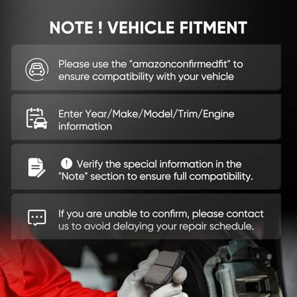 Ceramic brake pads in hand with vehicle fitment checklist card