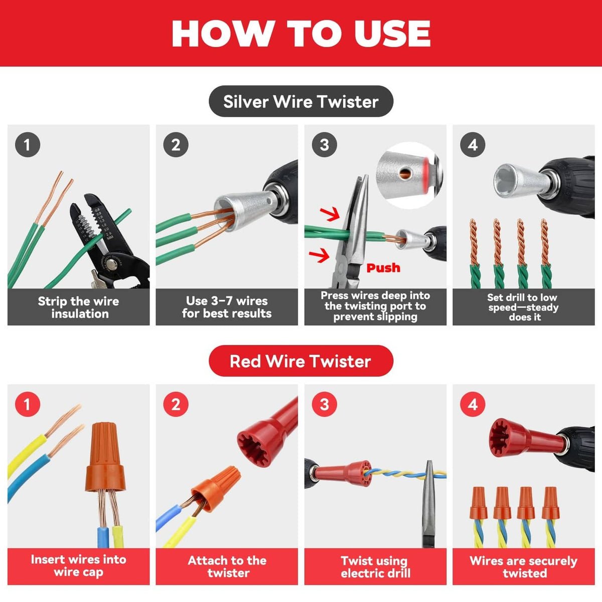 Step-by-step wire twisting with red and silver twister caps on a drill