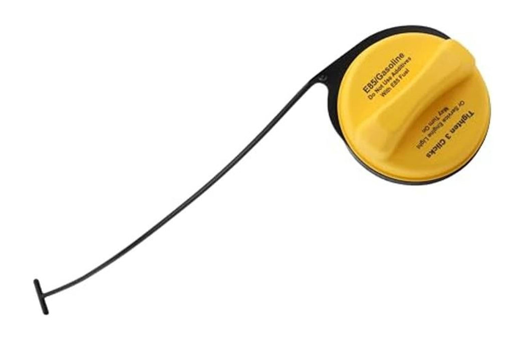 Fuel tank filler cap, yellow round top with stamped text and black tether