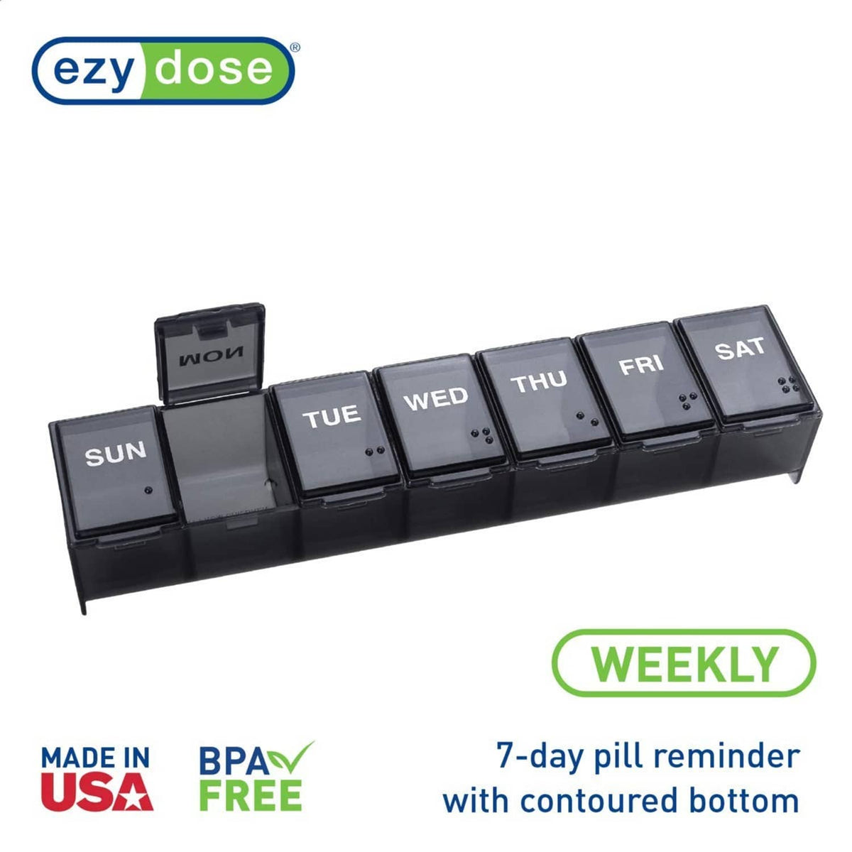 Weekly 7-day pill case with dark hinged lids labeled Sun to Sat