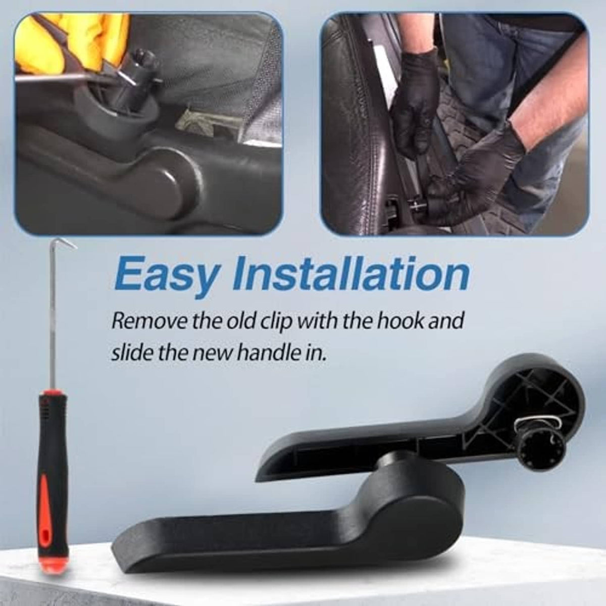 Black seat recliner handle levers with screwdriver and installation clips shown in use