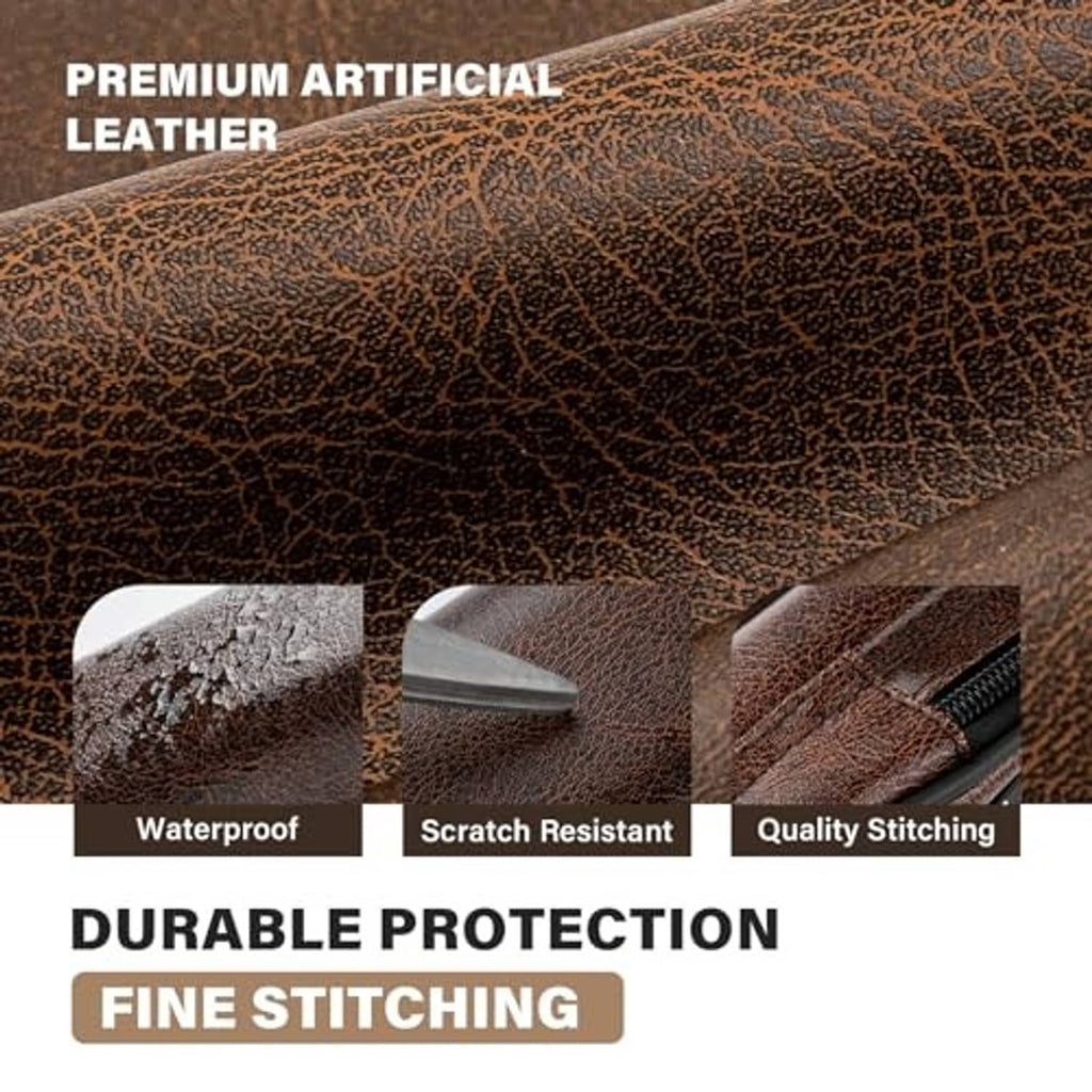 Brown artificial leather pool cue case with textured finish and reinforced stitching