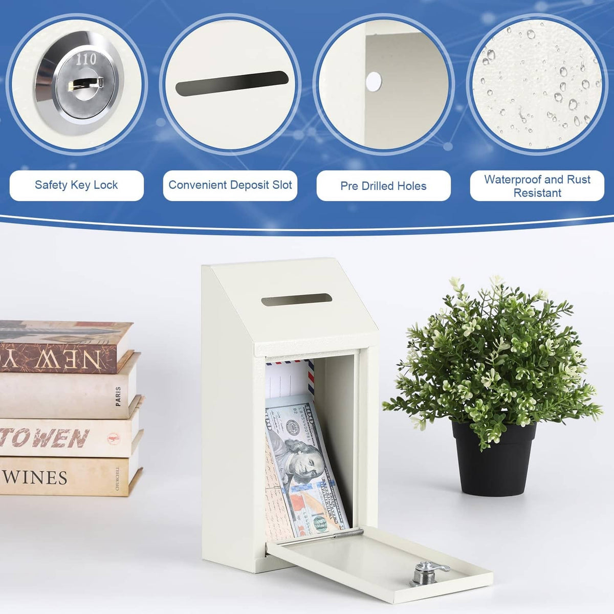 White metal cash drop box with open deposit compartment and front key lock