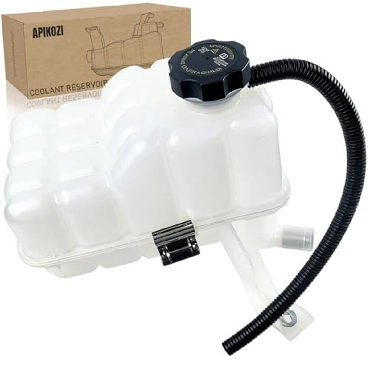 Engine coolant expansion reservoir tank with black cap and outlet port