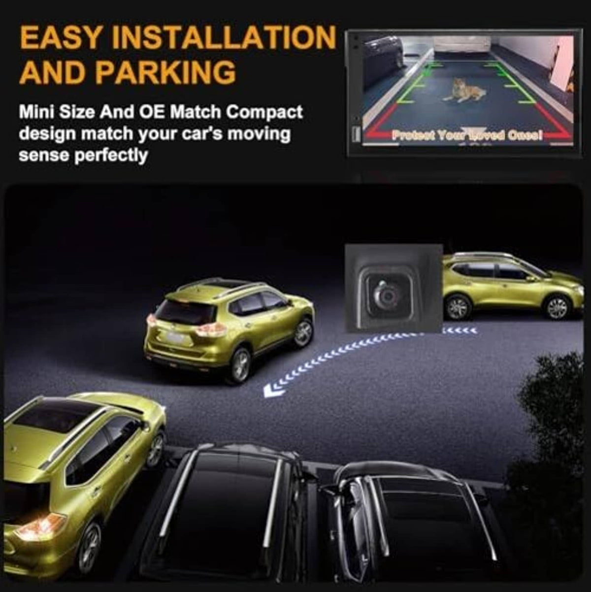 Backup camera kit showing compact camera and parking guide view