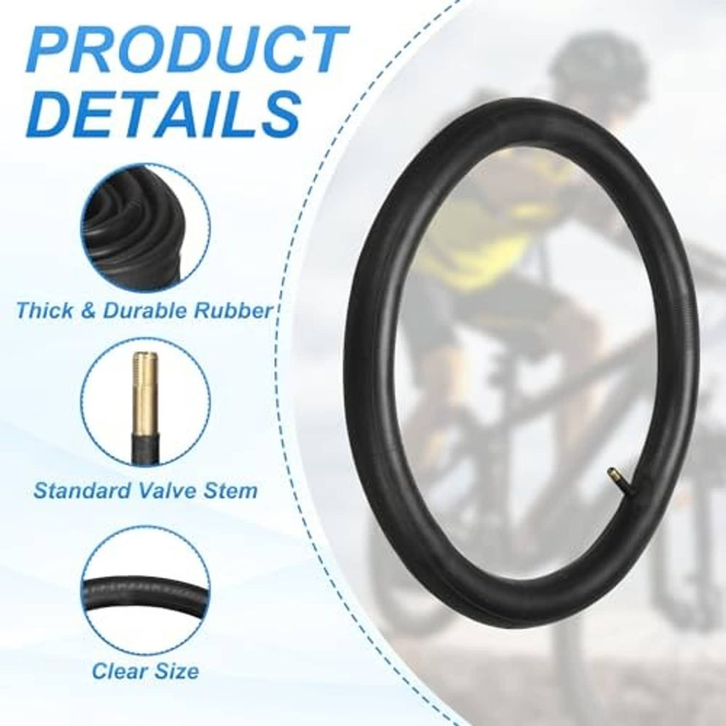 Black rubber bicycle inner tube with standard valve stem, clear size view