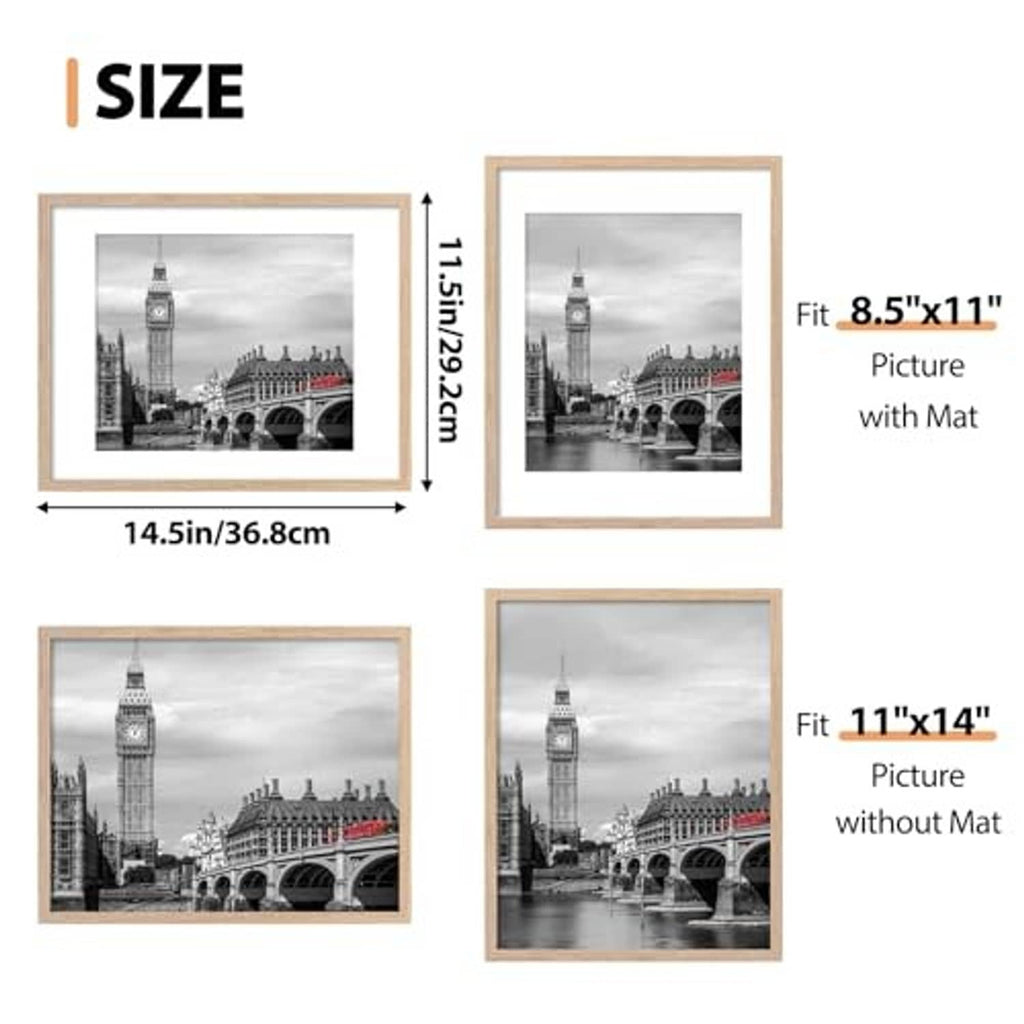 Natural wood-tone 11x14 picture frame size guide with mat fit shown