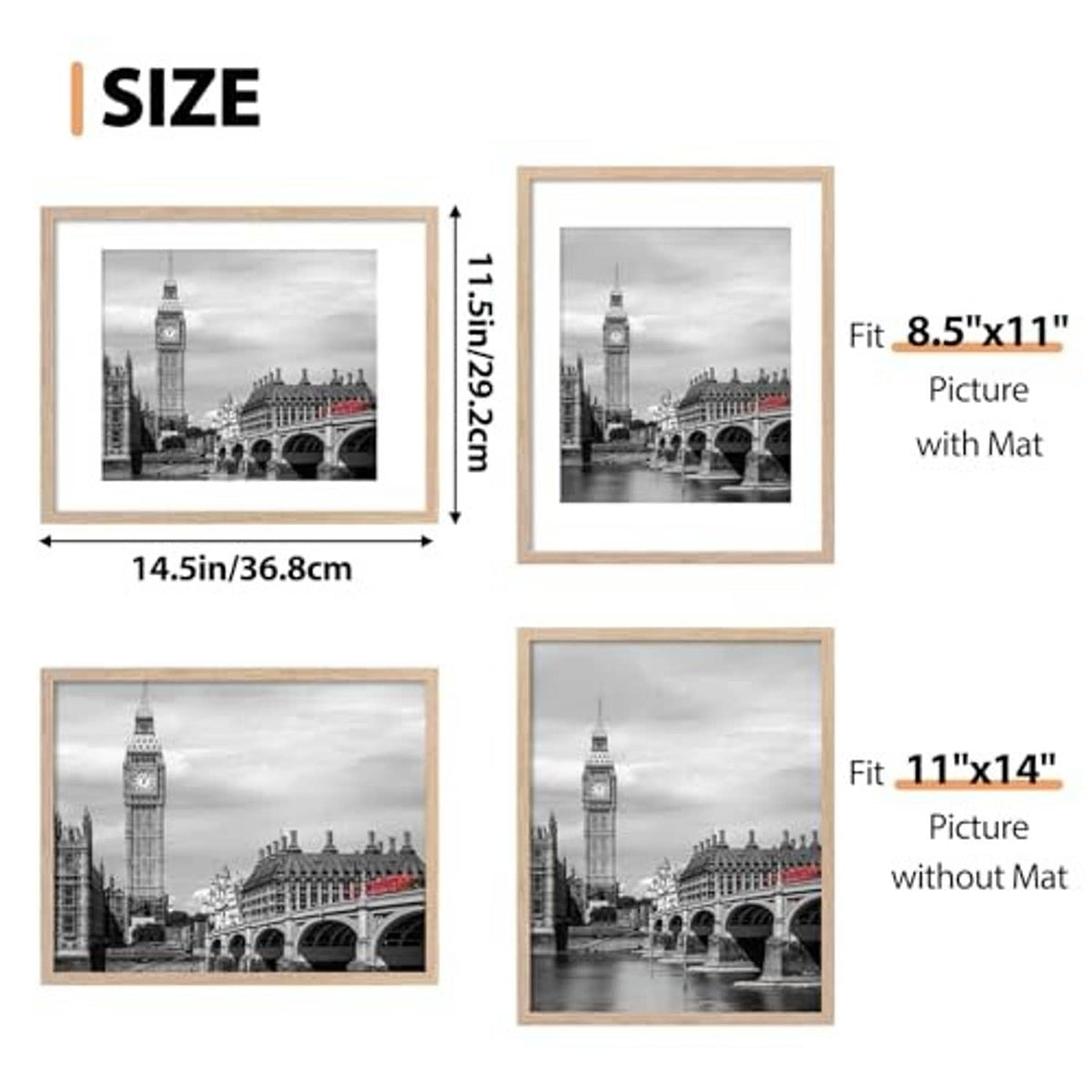 Natural wood-tone 11x14 picture frame size guide with mat fit shown