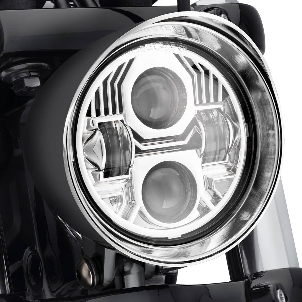 Chrome LED bullet headlight front view with circular rim and multi-lens reflectors