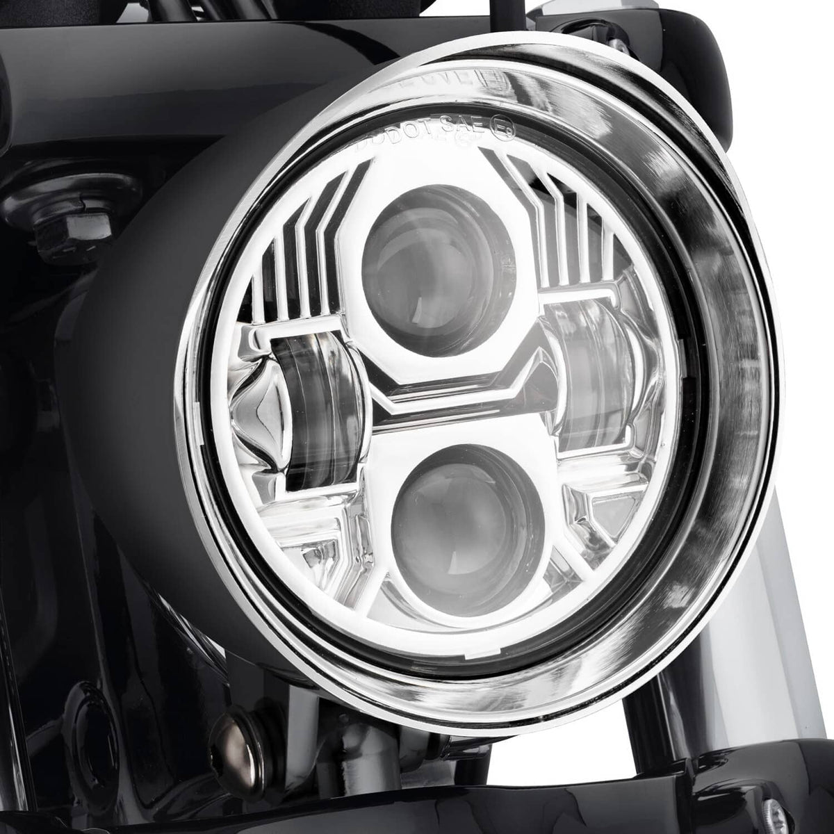 Chrome LED bullet headlight front view with circular rim and multi-lens reflectors