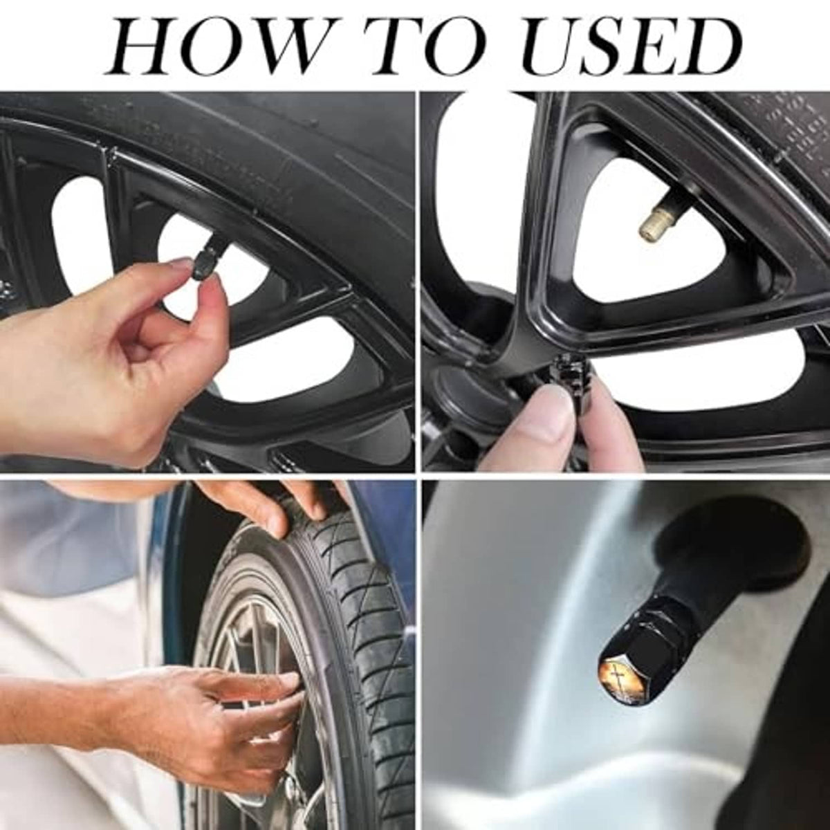 Hands install a black tire valve cap on a wheel valve stem for secure fit