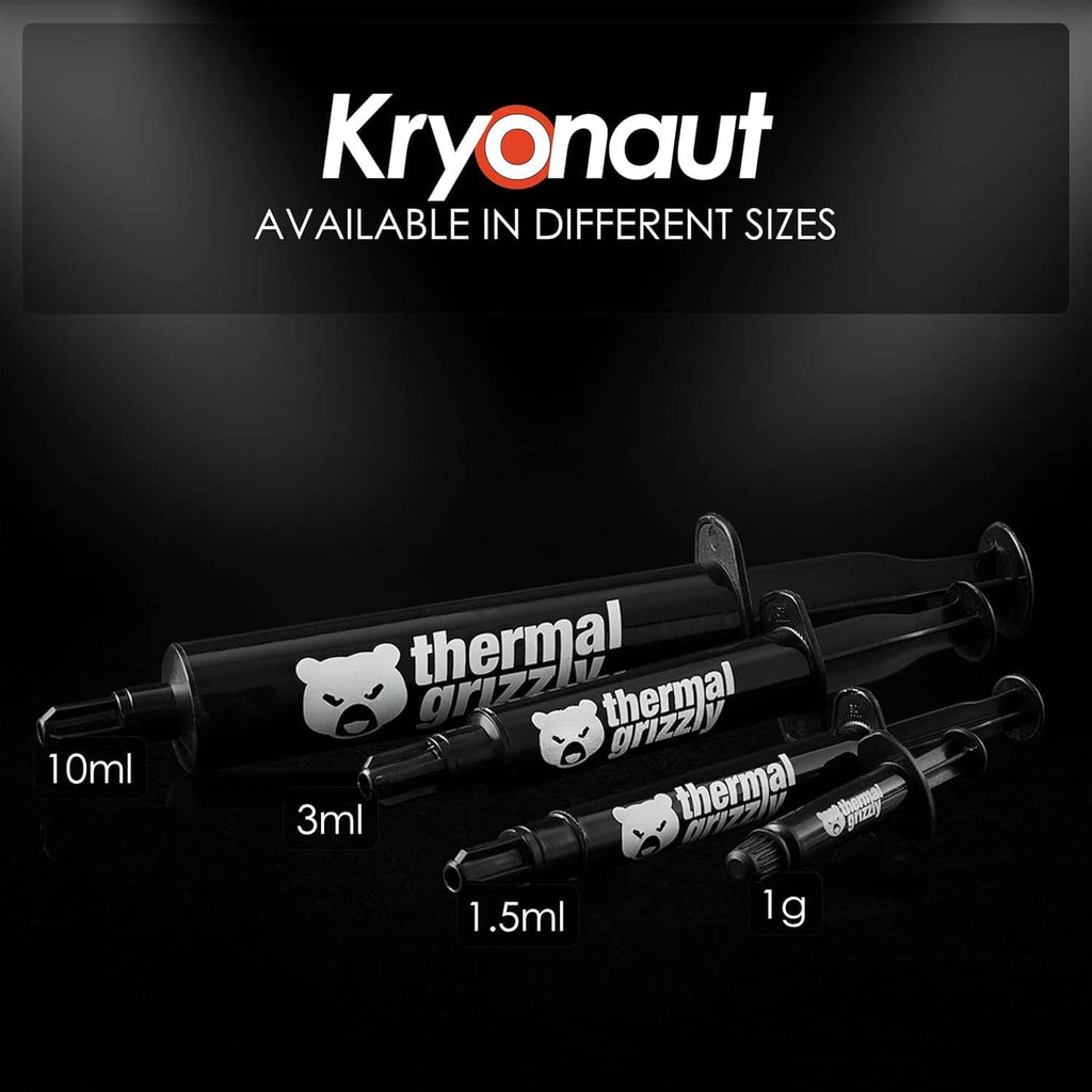 Thermal Grizzly thermal paste syringes with size options: 10 ml, 3 ml, 1.5 ml, 1 g