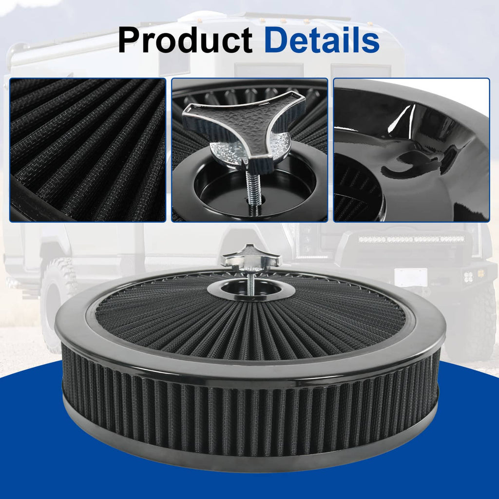 Set of black air cleaner parts: top filter, base plate, and mounting hardware