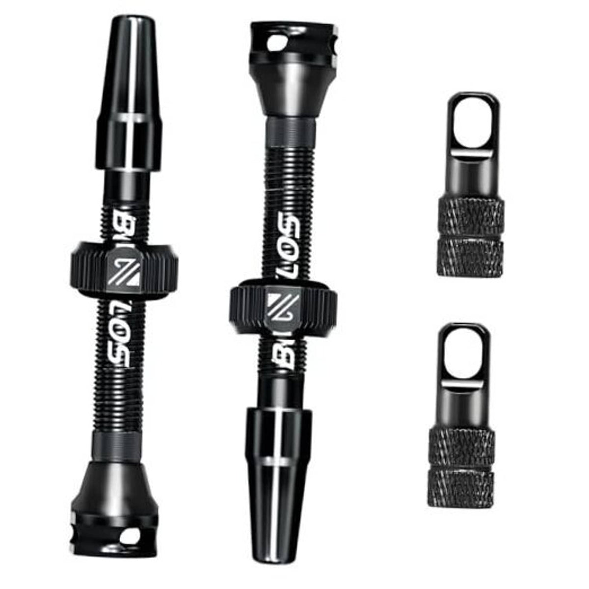 Black Presta valve stems kit with caps and threaded shafts, including a 44mm stem
