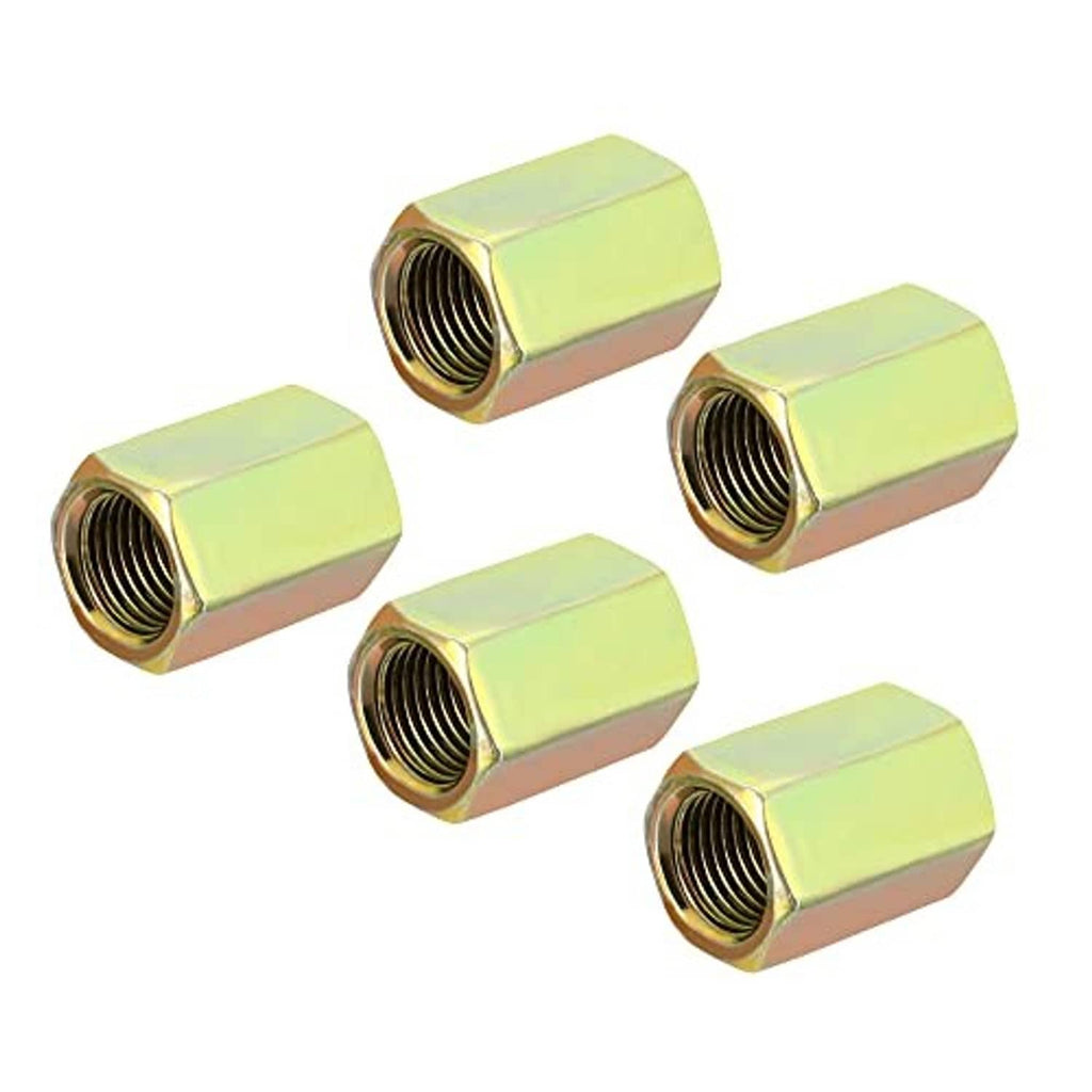 Hex coupling nuts set of five, M10 fine-thread, gold zinc-plated with threaded openings