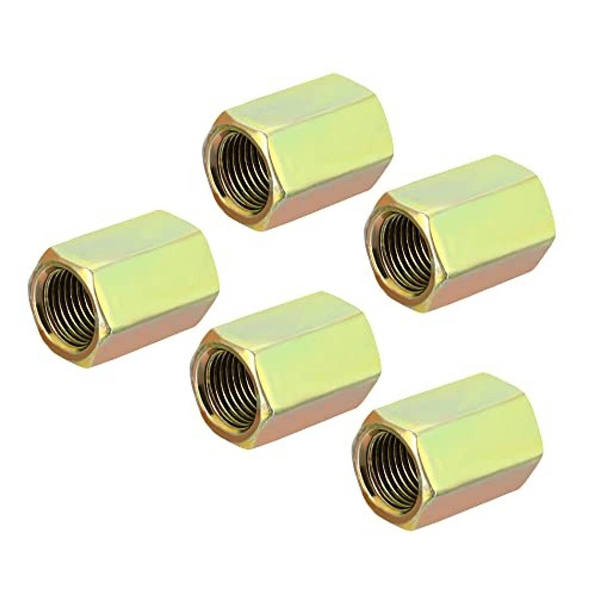Hex coupling nuts set of five, M10 fine-thread, gold zinc-plated with threaded openings