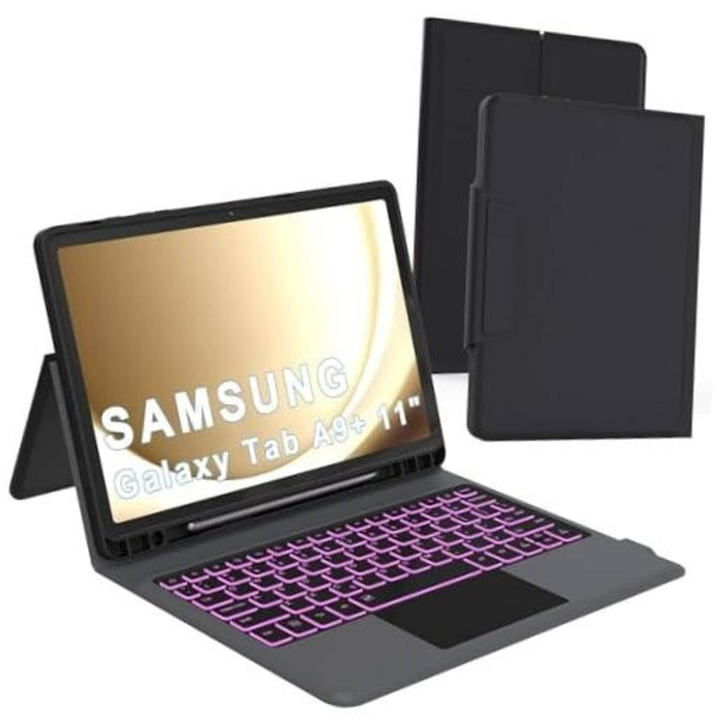 Samsung tablet keyboard case with purple backlit keys and matching folio cover