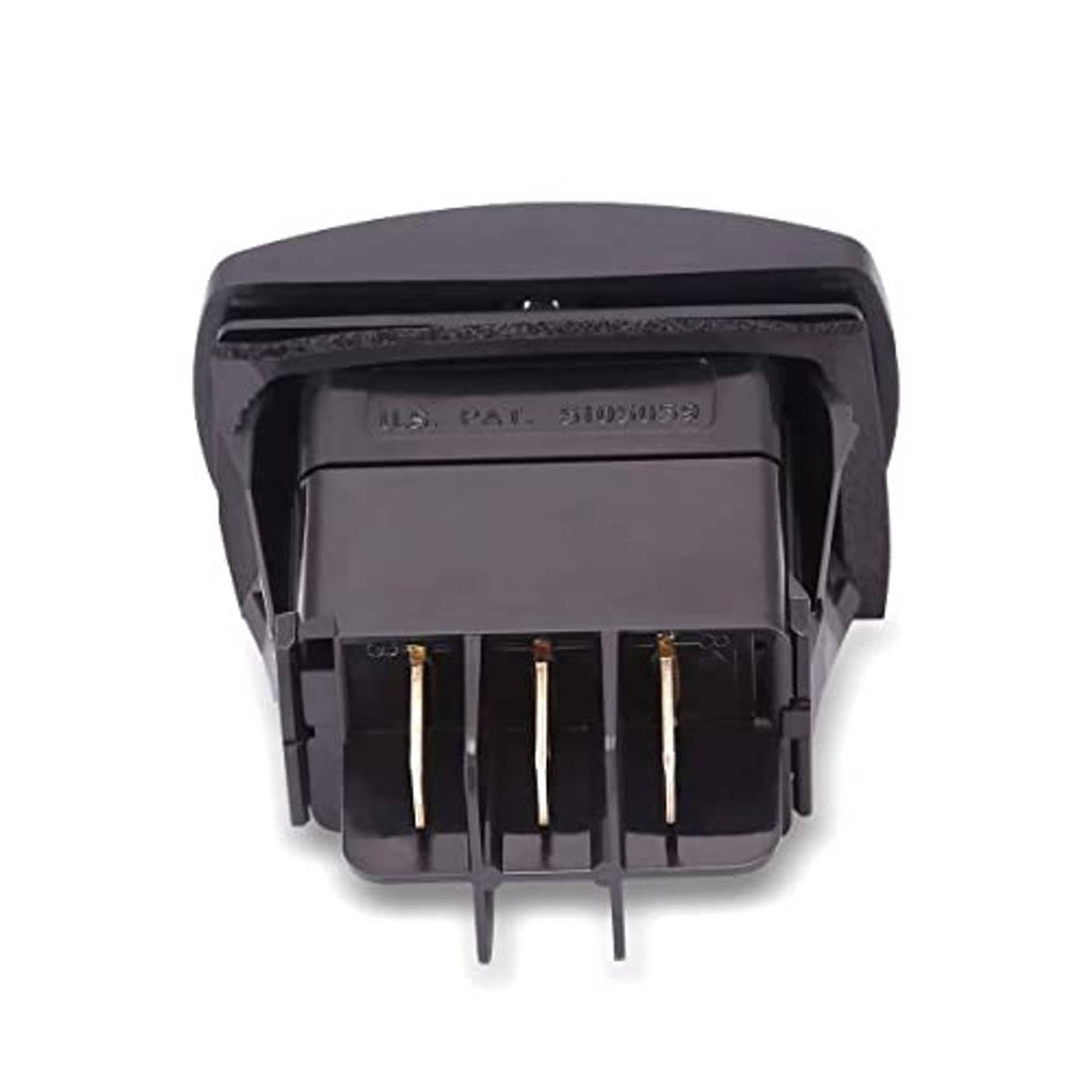 Black forward/reverse switch top view with label and four metal prongs
