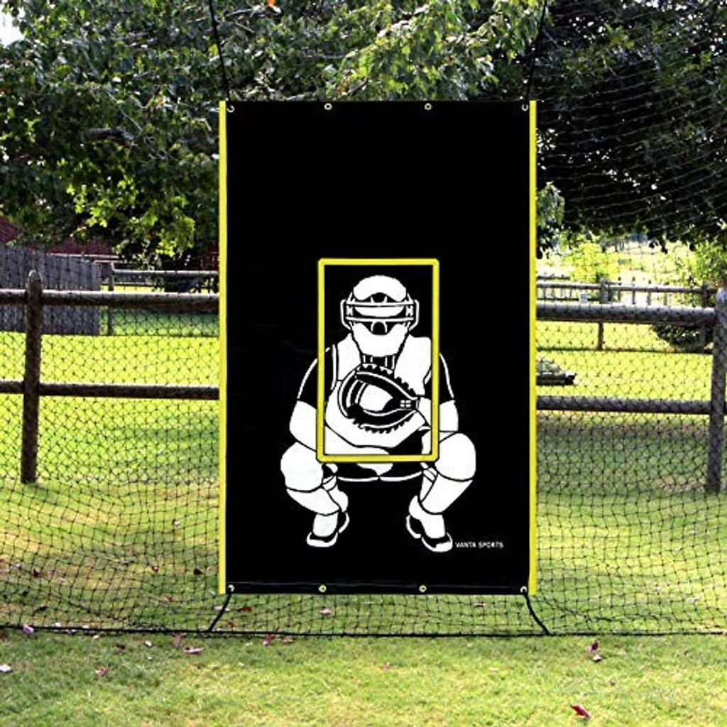 Black vinyl backstop banner with catcher illustration and centered strike zone frame