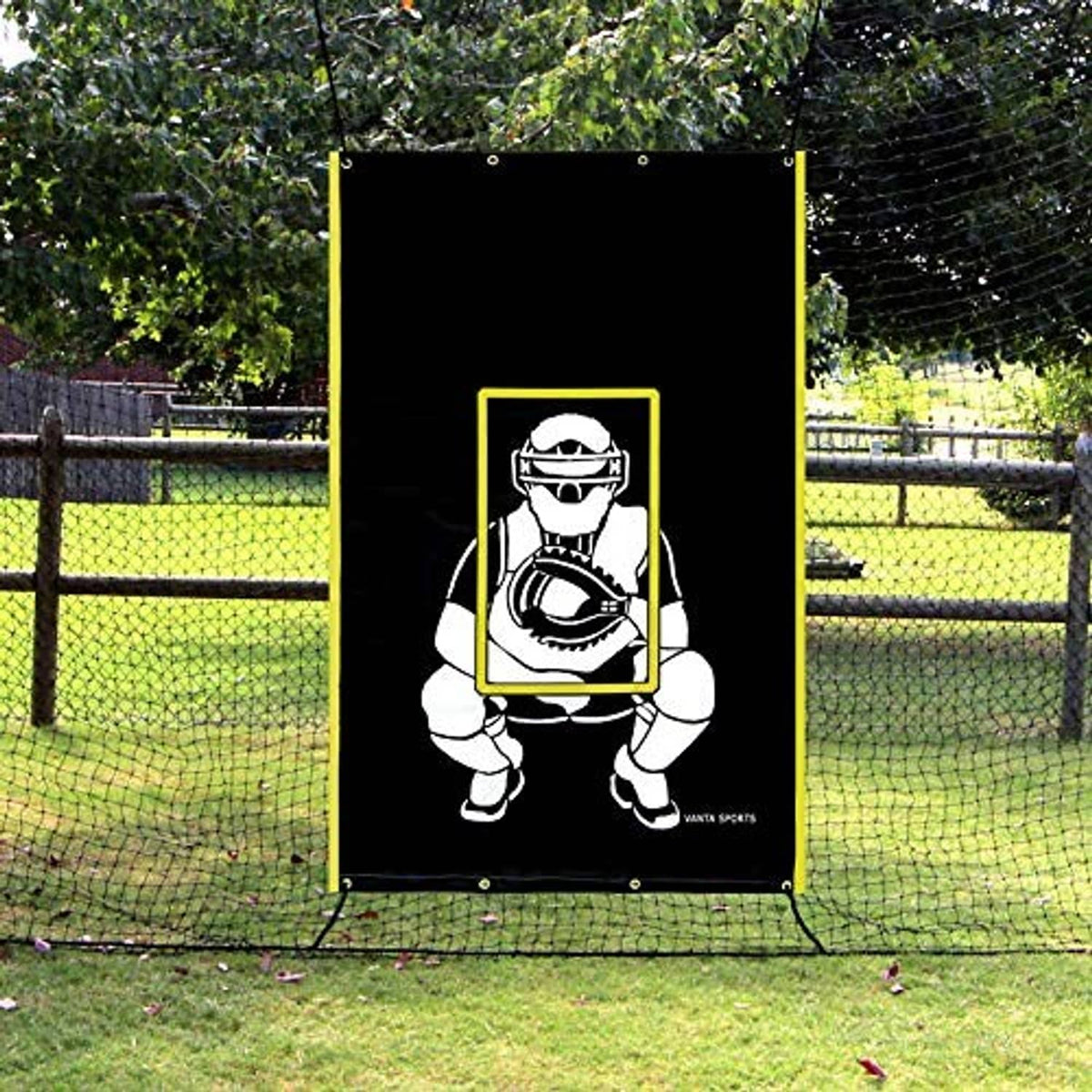 Black vinyl backstop banner with catcher illustration and centered strike zone frame