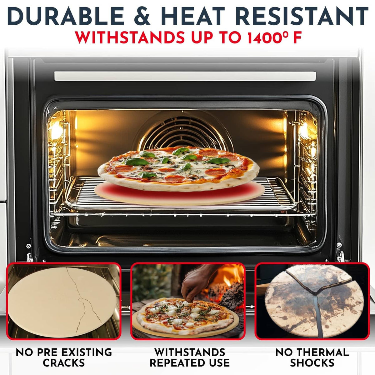 Beige round pizza stone on oven rack with a topped pizza baking inside oven.