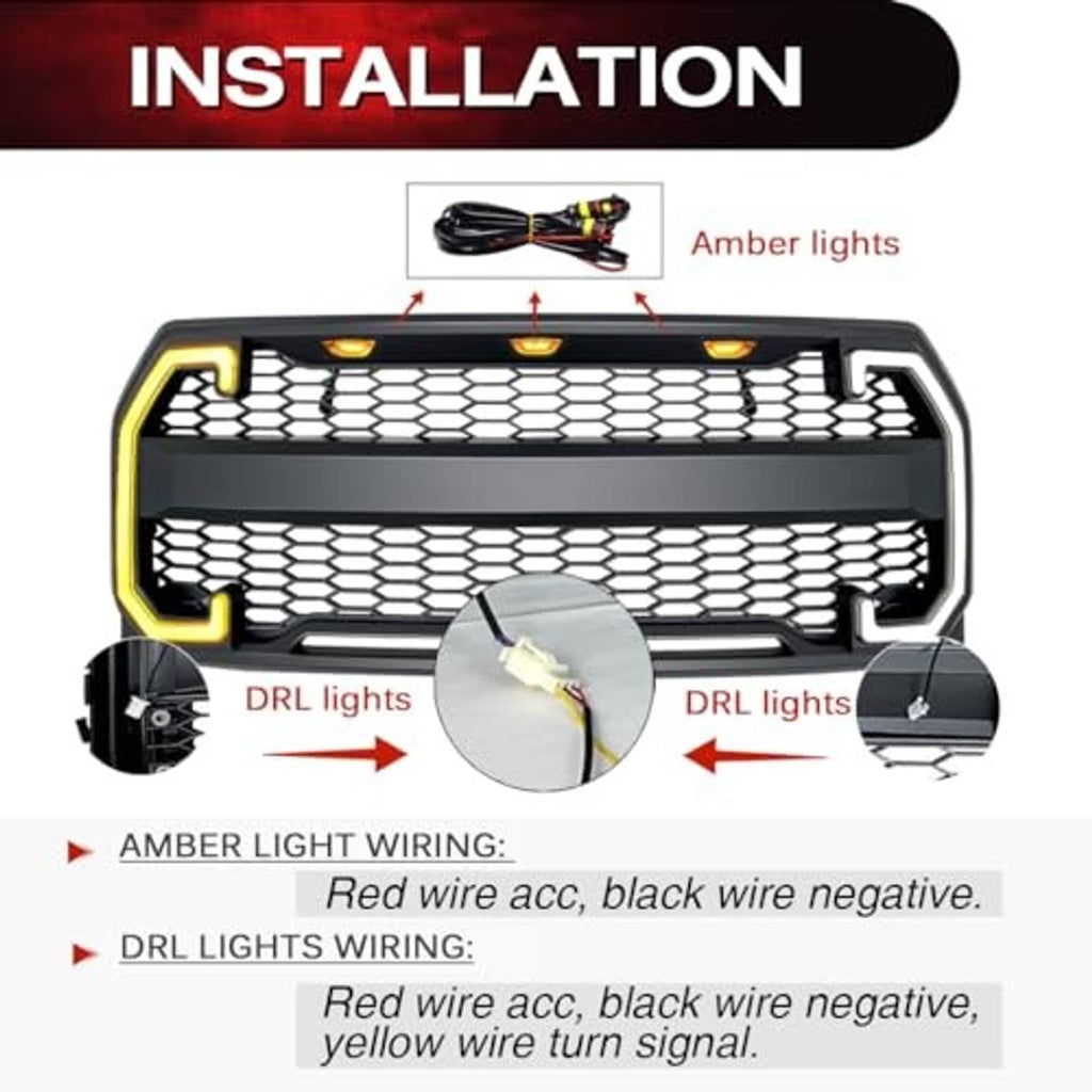 Front grille with mesh insert and amber LED lights shown with installation wiring diagram