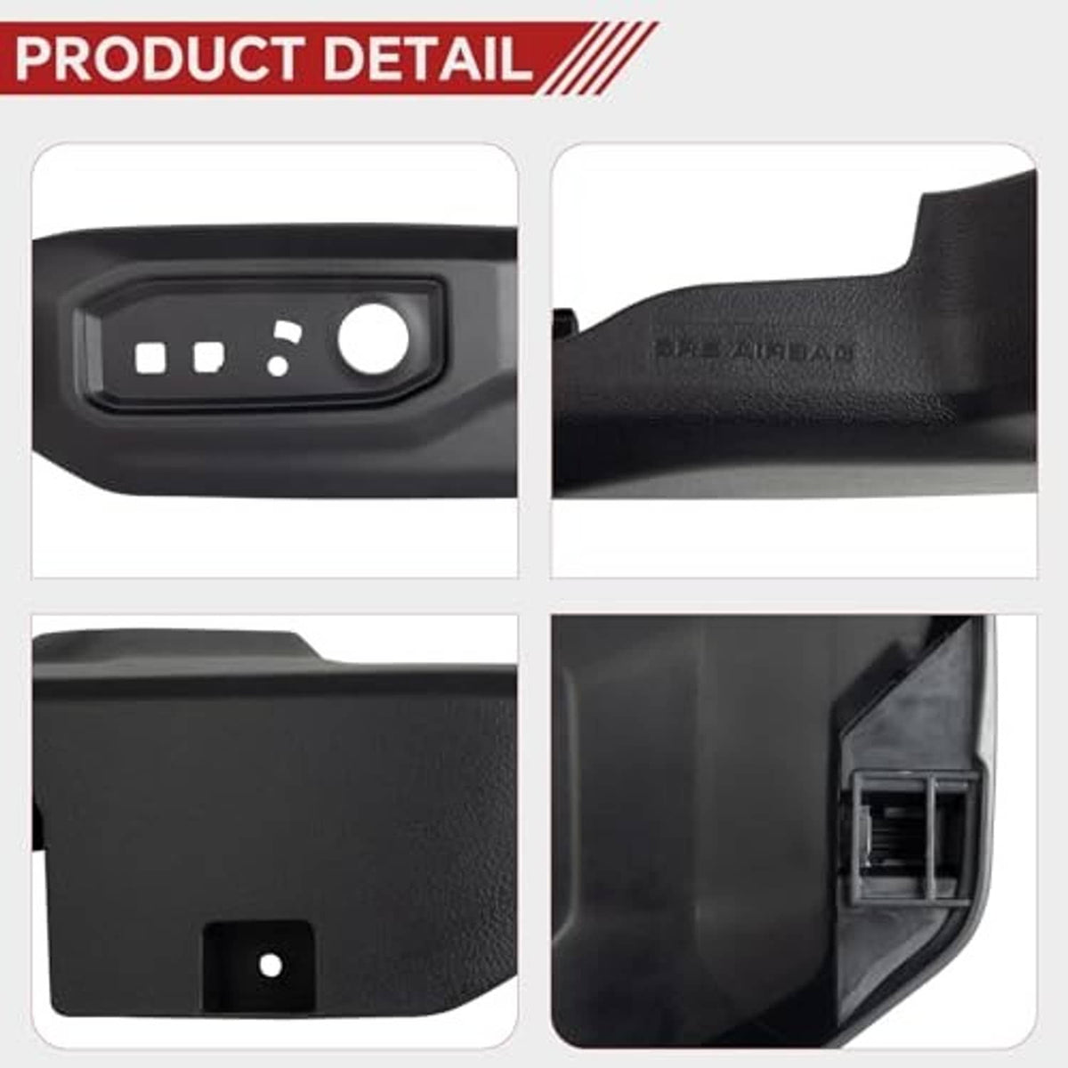 Black seat trim bezel cover detail with textured finish and switch-control panel