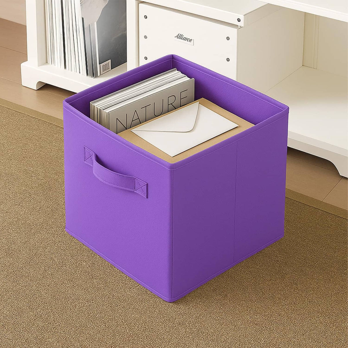 Violet foldable fabric storage cube with front handle and open top