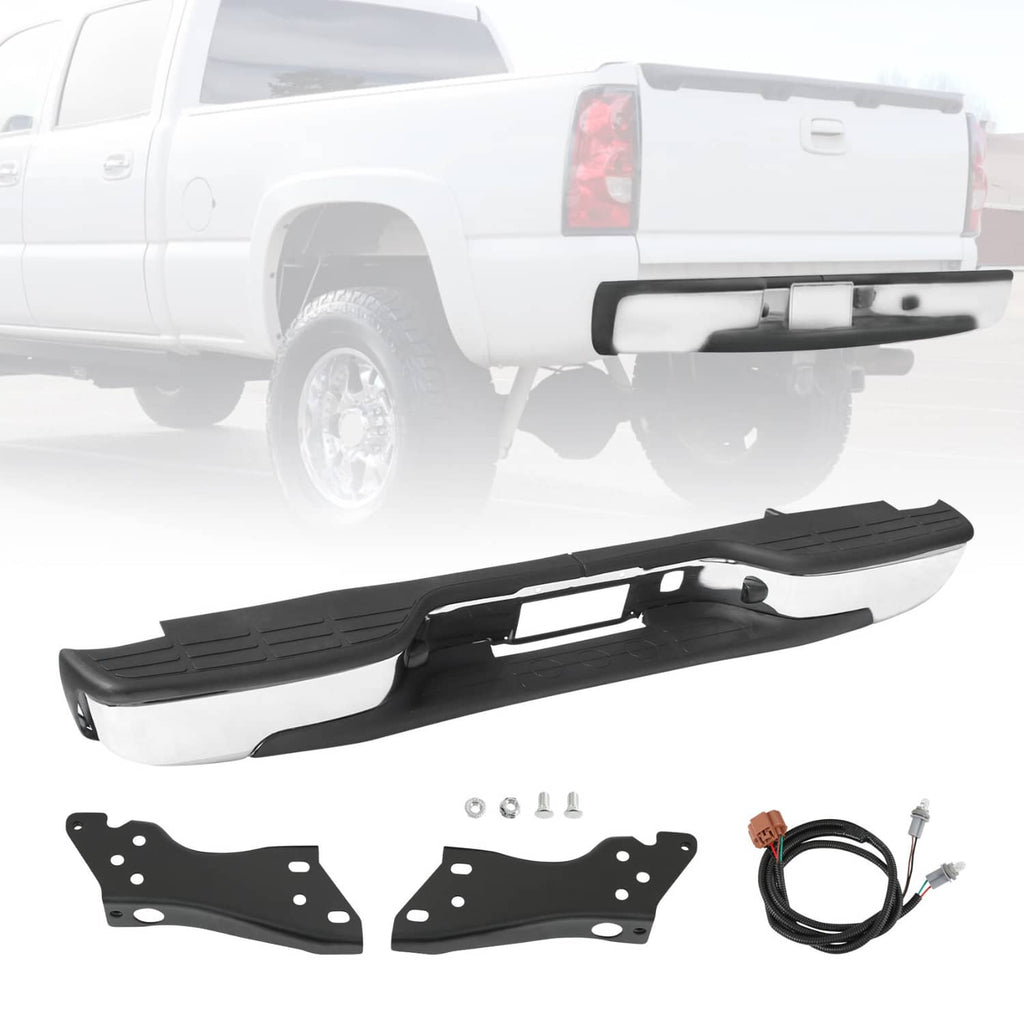 Complete rear step bumper kit with black step pads, chrome trim, mounting plates, wiring