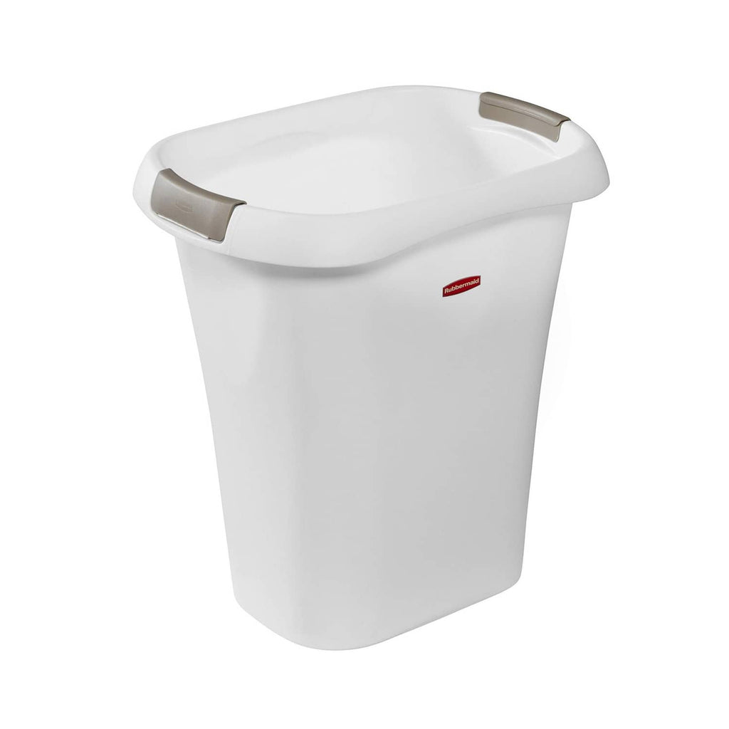 White plastic open-top trash can with gray swing lid