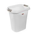 White plastic open-top trash can with gray swing lid