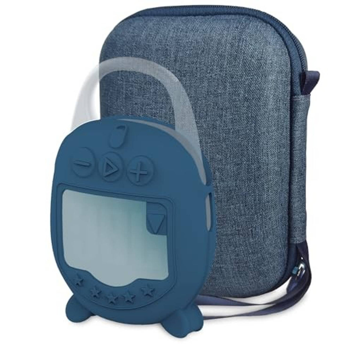 Blue hard carrying case with zipper, blue silicone speaker cover inserted, angled view