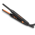 Compact black hair flat iron with orange accents and textured grip handle