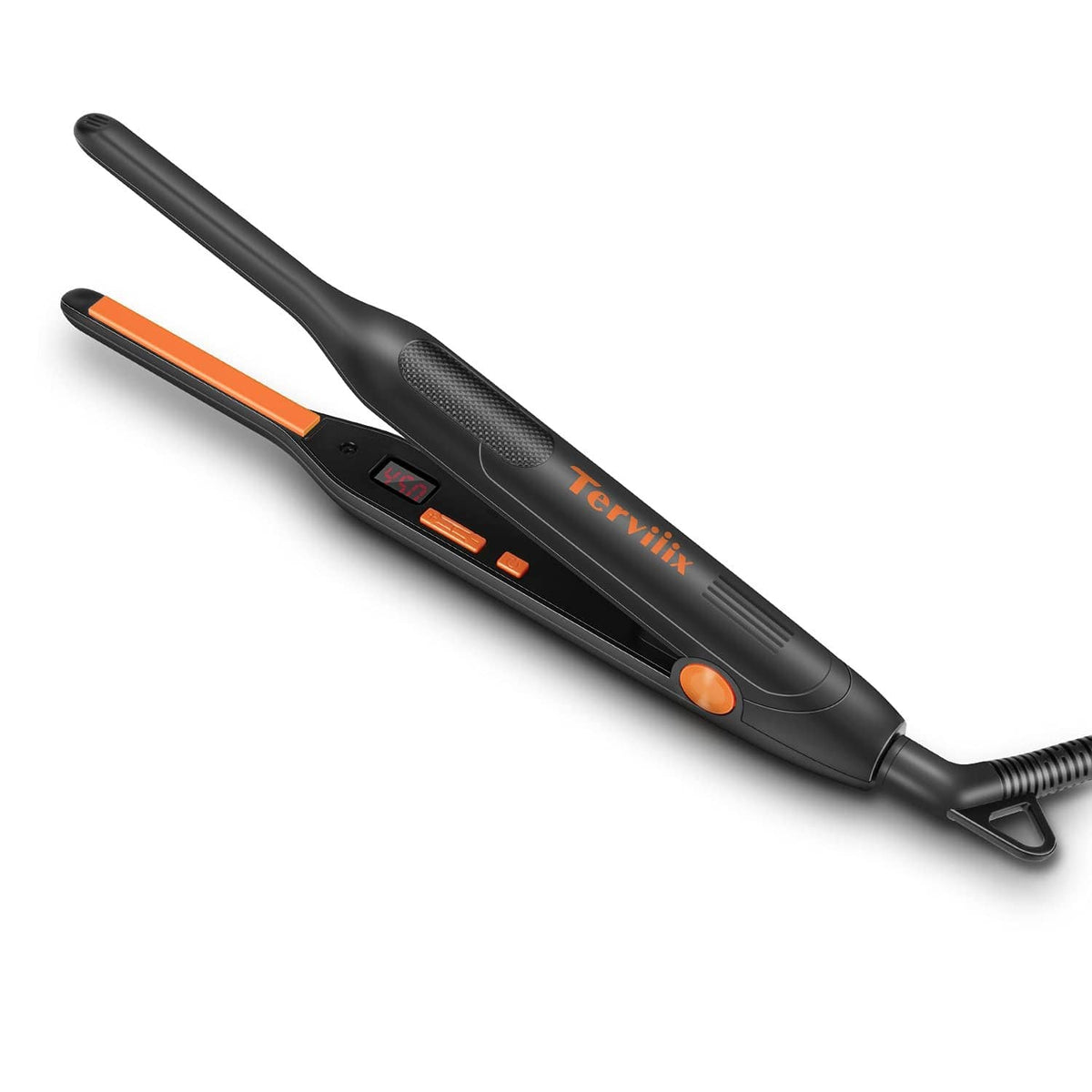 Compact black hair flat iron with orange accents and textured grip handle
