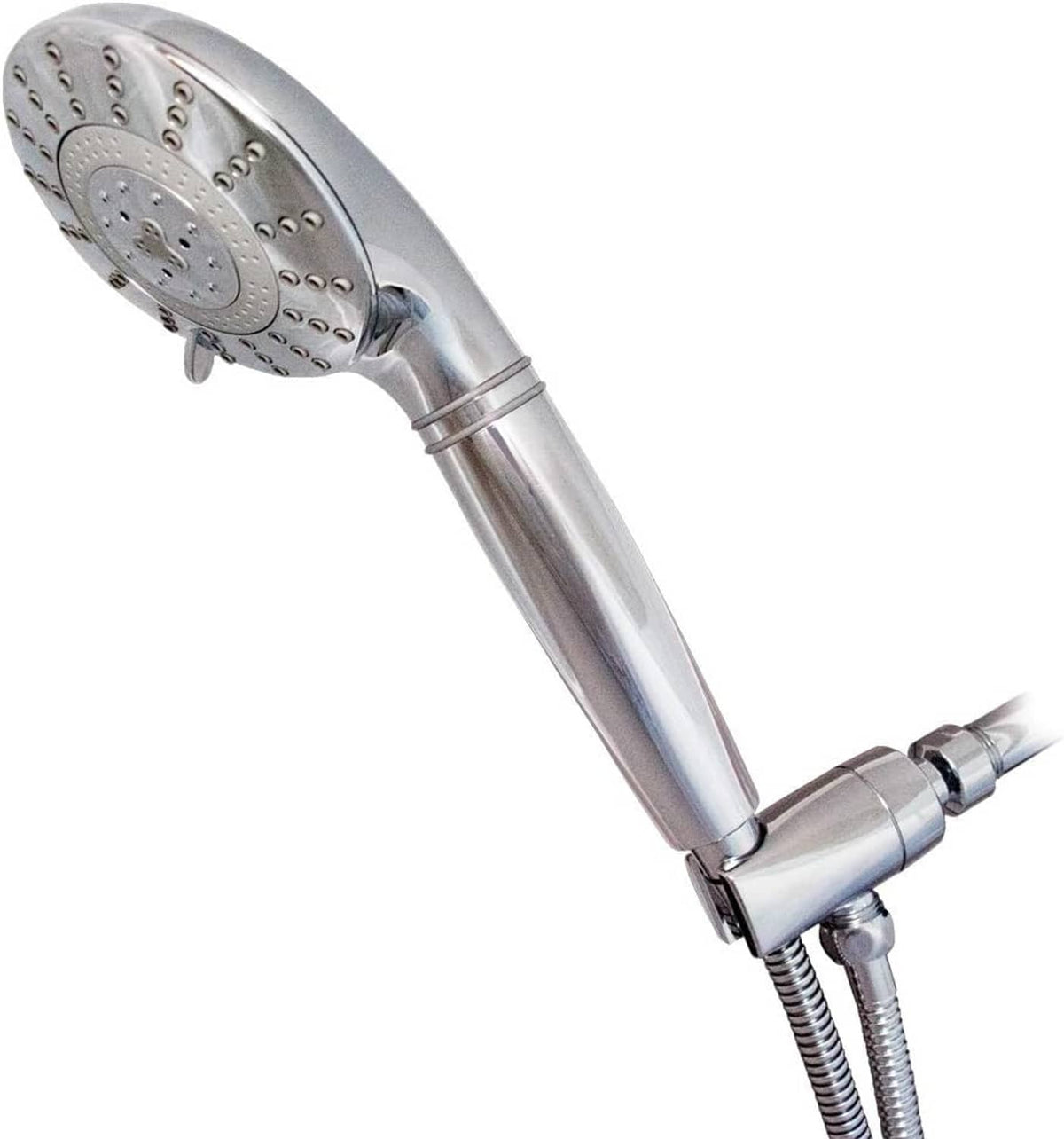 Chrome handheld shower head with multiple spray nozzles and flexible hose connection