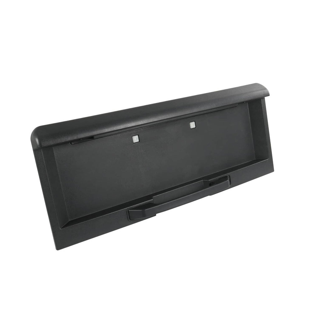 Rear tailgate license pocket corner view with central handle detail, black plastic