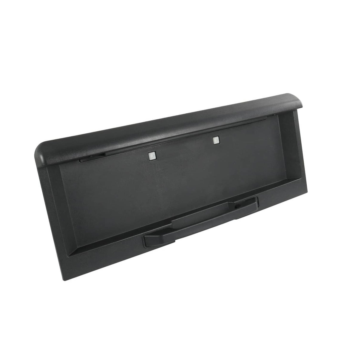 Rear tailgate license pocket corner view with central handle detail, black plastic
