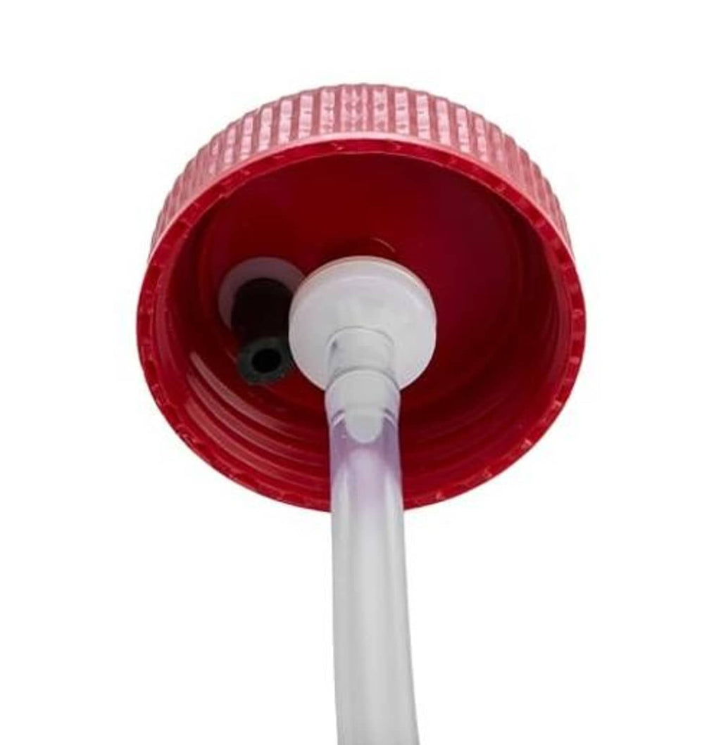 Red cap top of bleeder bottle with outlet tube and visible valve assembly