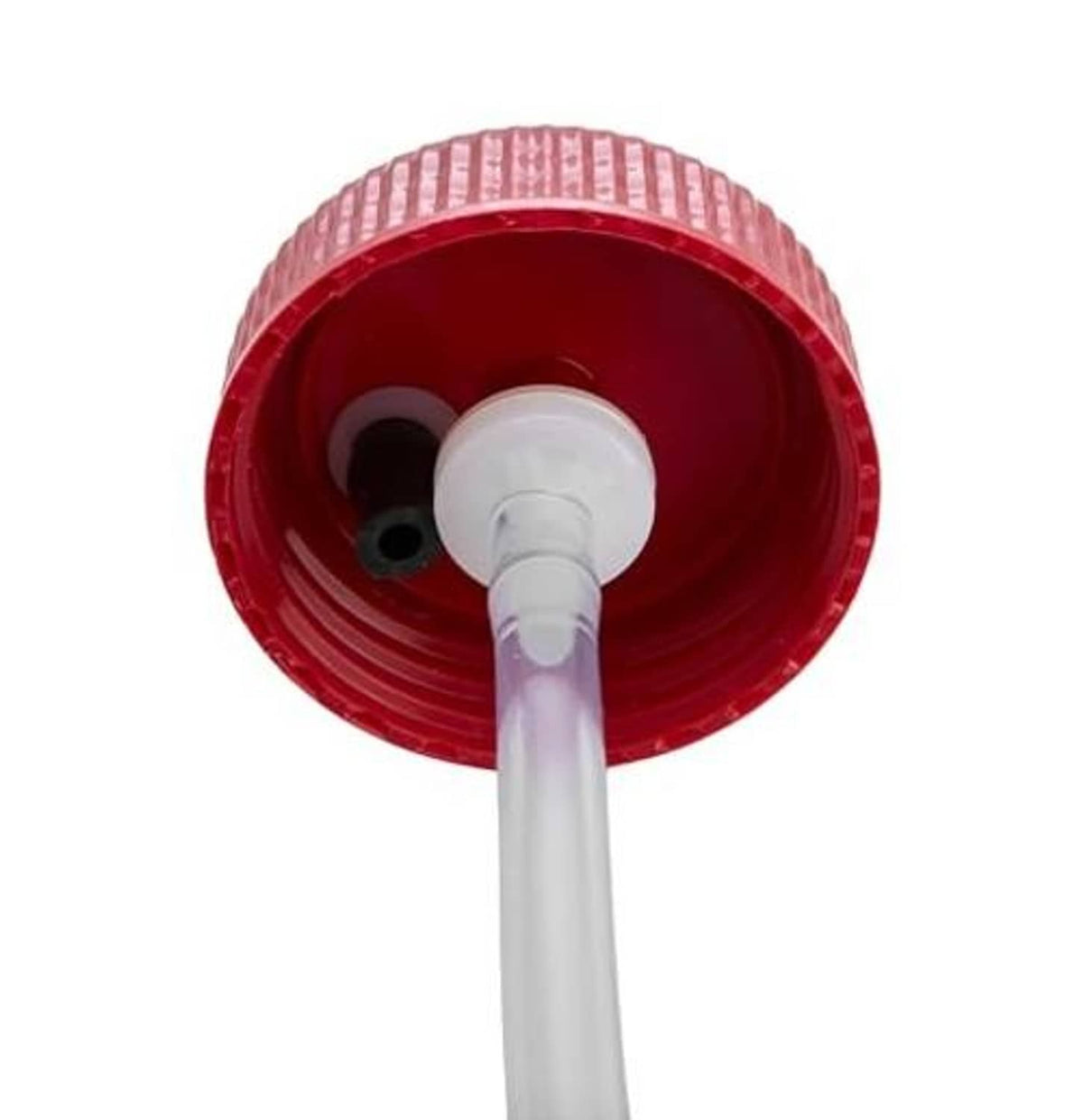 Red cap top of bleeder bottle with outlet tube and visible valve assembly