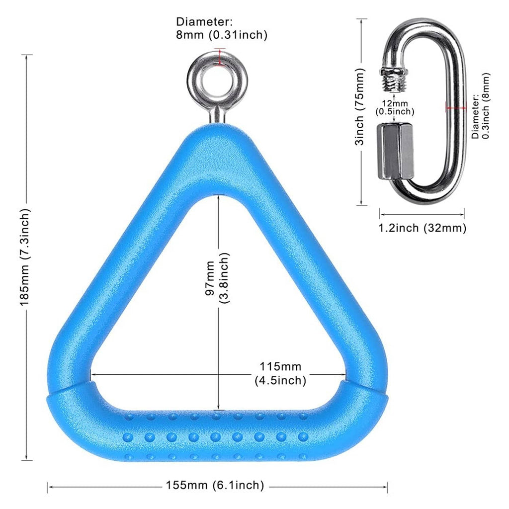 Blue trapeze swing bar ring with stainless steel ring and carabiner dimensions diagram