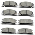 Set of gray ceramic brake pads with metal backing, front and rear pieces shown